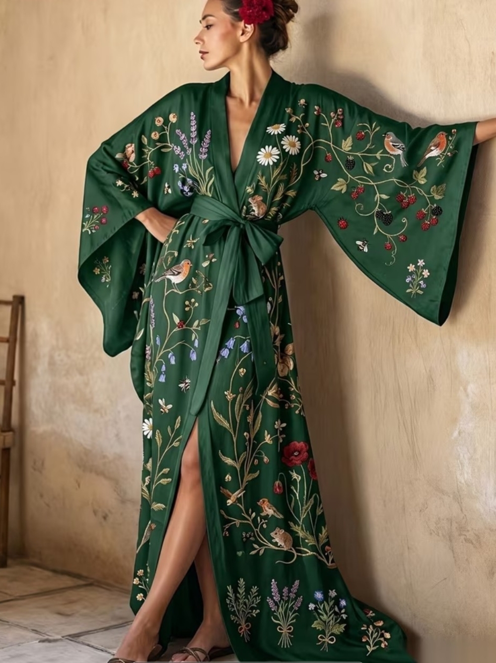 Emerald Green Floral Satin Robe